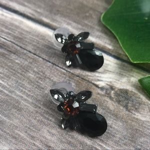 New! Black Silver Red Orange Gem Detailed Earrings
